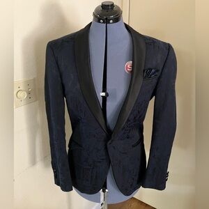 Men’s Retro Paris Navy Jacquard Tuxedo Suit Blazer Jacket 38S/32